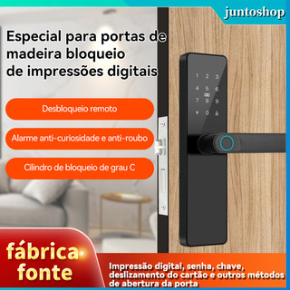 Fechadura Inteligente Porta Madeira: Digital 360° + Senha + Cartão + Remoto | Cilindro C + Alarme Anti-Roubo