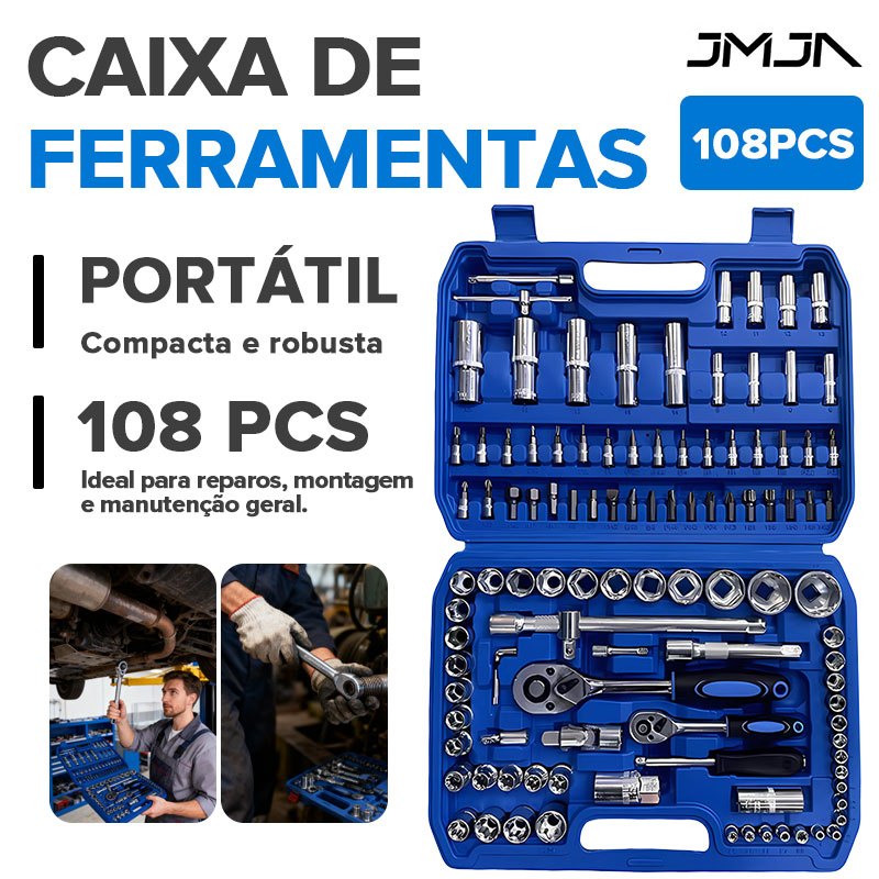 JMJN Kit Ferramentas Profissional 108Peças com Maleta Soquetes Chave Catraca Oficina em Oferta na Shopee