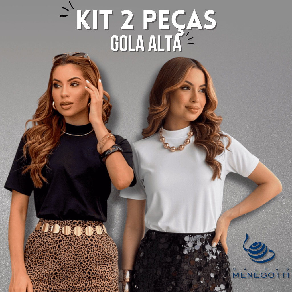 Kit 2 Blusas Femininas Tshirt Gola Alta 100% Algodão Premium M G GG