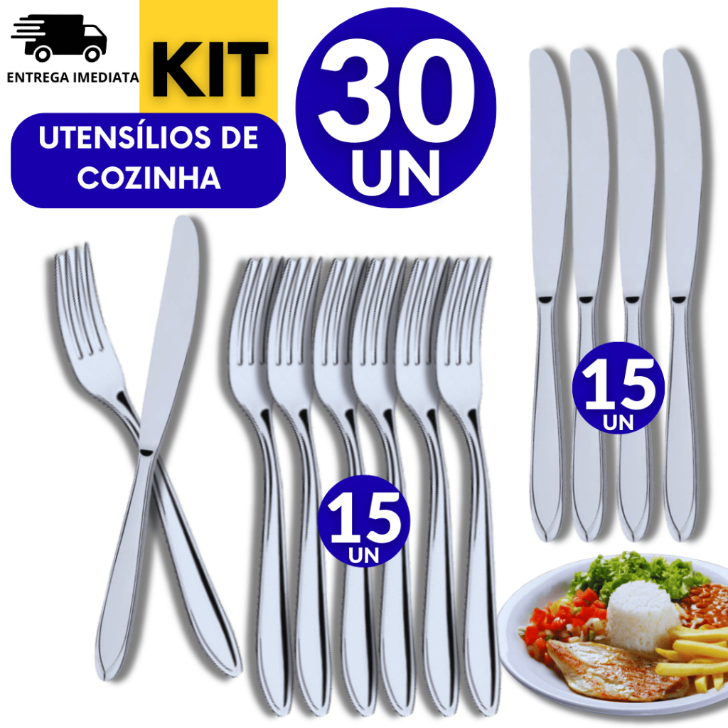 Combo 30 Unidades Talheres Inox 15 Faca Sem Ponta 15 Garfo Casa Cozinha Restaurante Buffet