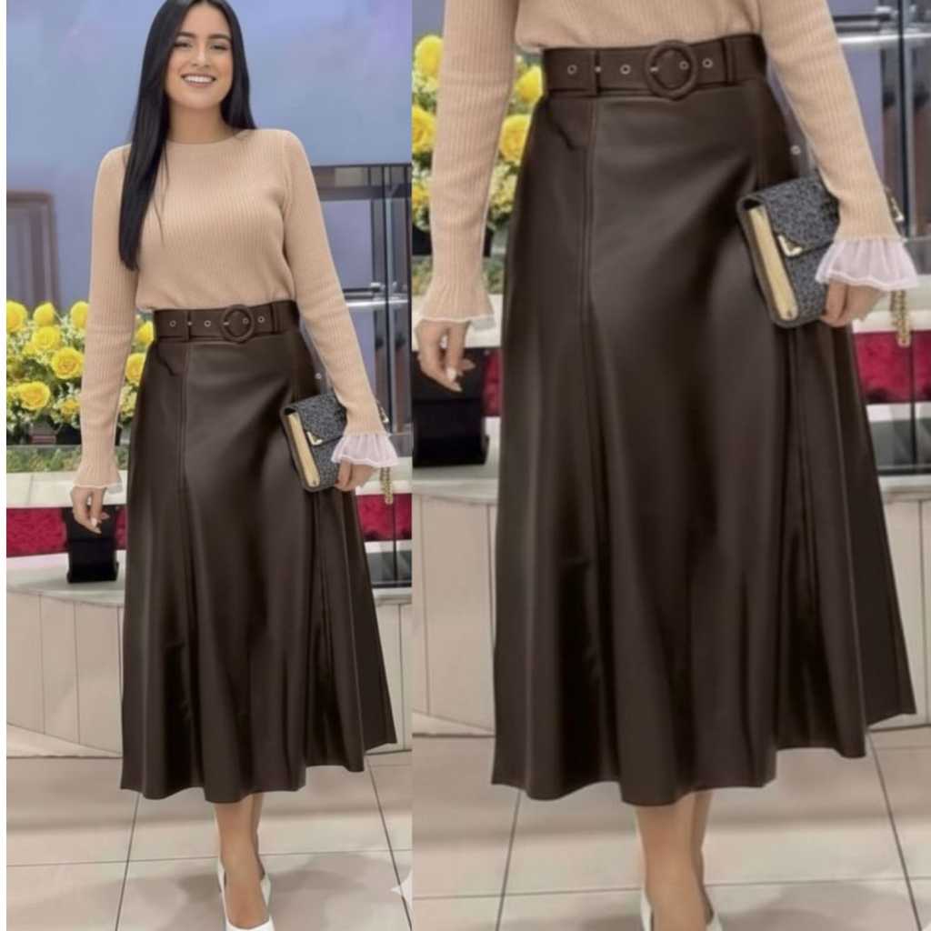 Saia Longa Godê Couro Ecológico com Passador – Moda Evangélica Moderna