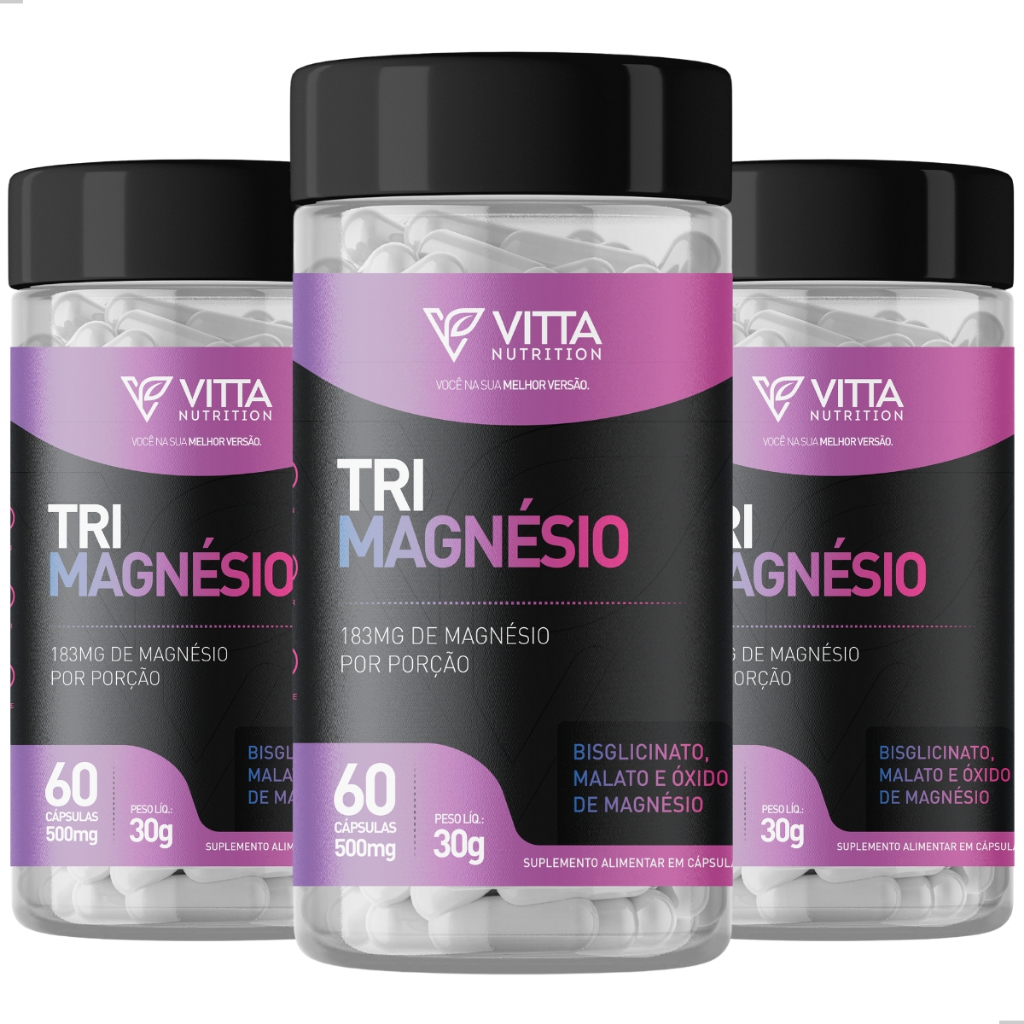 Tri Magnésio 3 Potes Bisglicinato Malato E Óxido De Magnésio Trio Magnésio 60 Cápsulas 500 mg