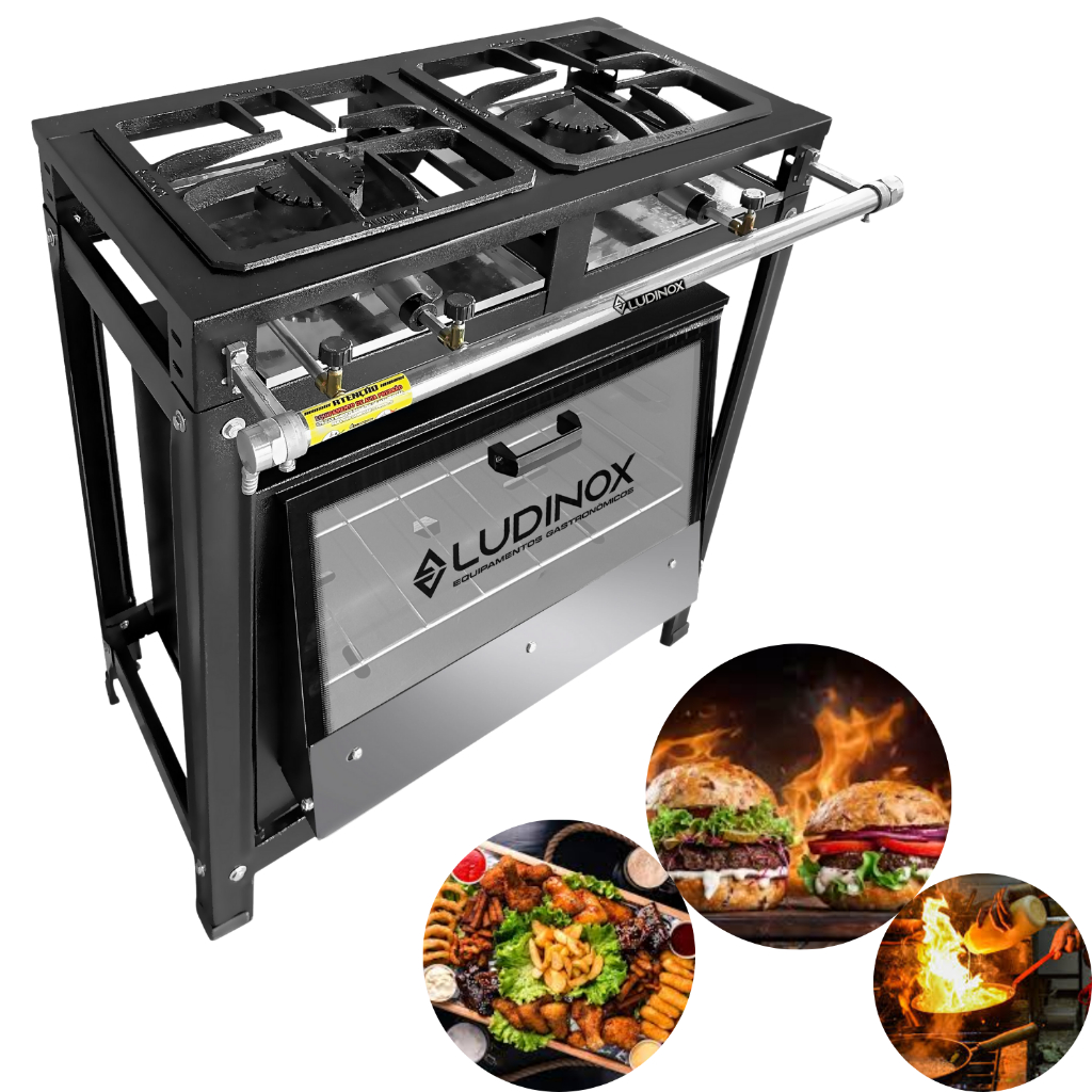 Fogão à Gás Industrial 2 Bocas Alta Pressão Grelha 30x30 + brinde Com Forno 60 Litros Econômico