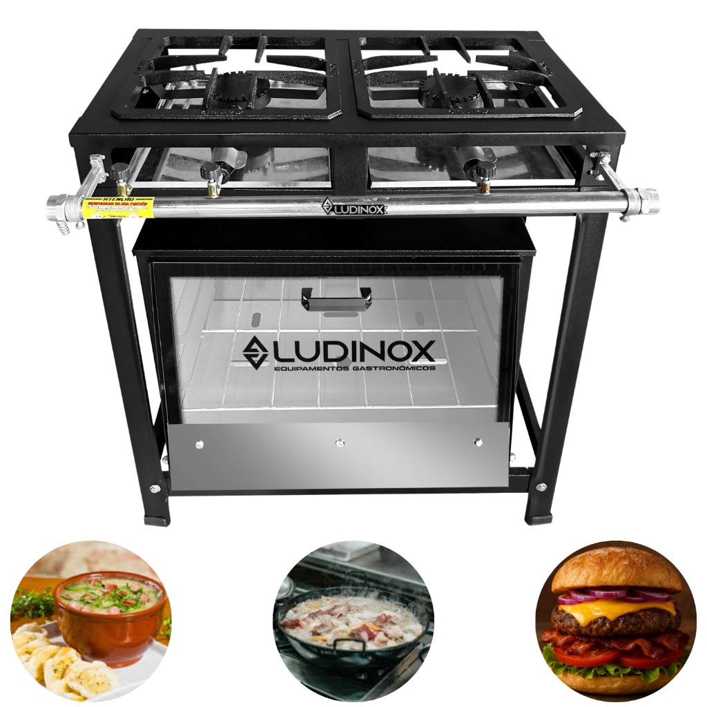 Fogão 2 bocas 30x30 Alta Pressão Com Forno De 60 Litros Porta De Vidro Industrial À Gás Com Promoção