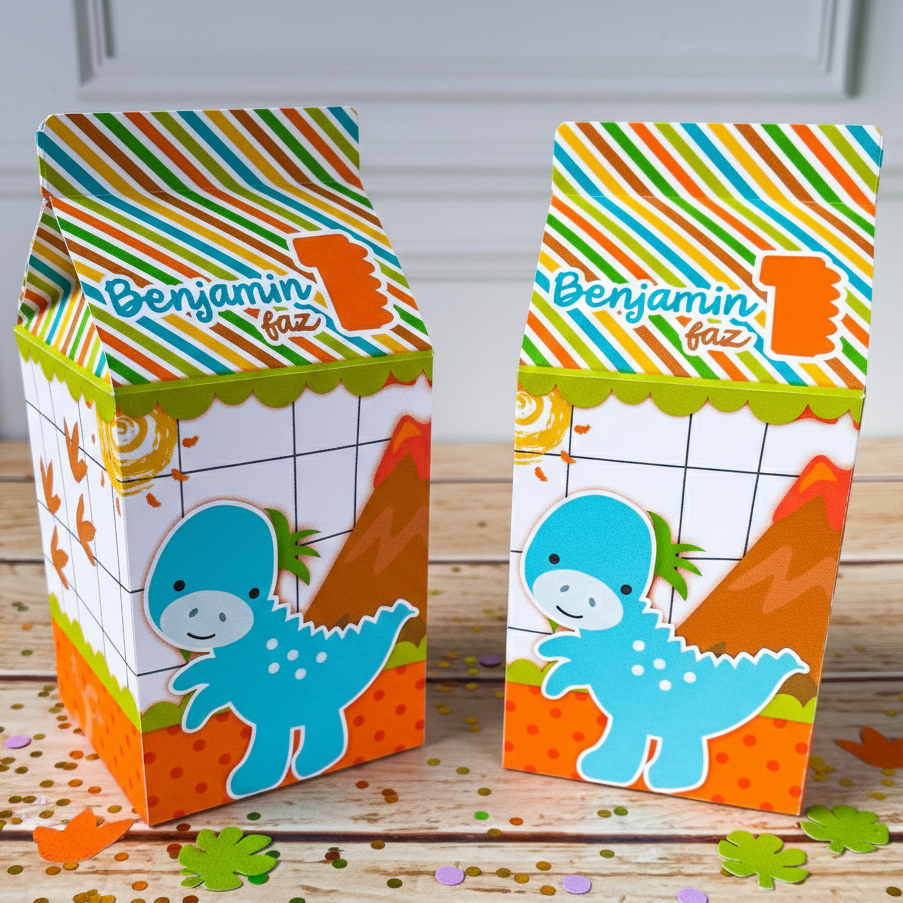 20 Caixinhas Milk Personalizadas Com Nome Festa Dinossauros | Dino Baby | Pronta para Montar