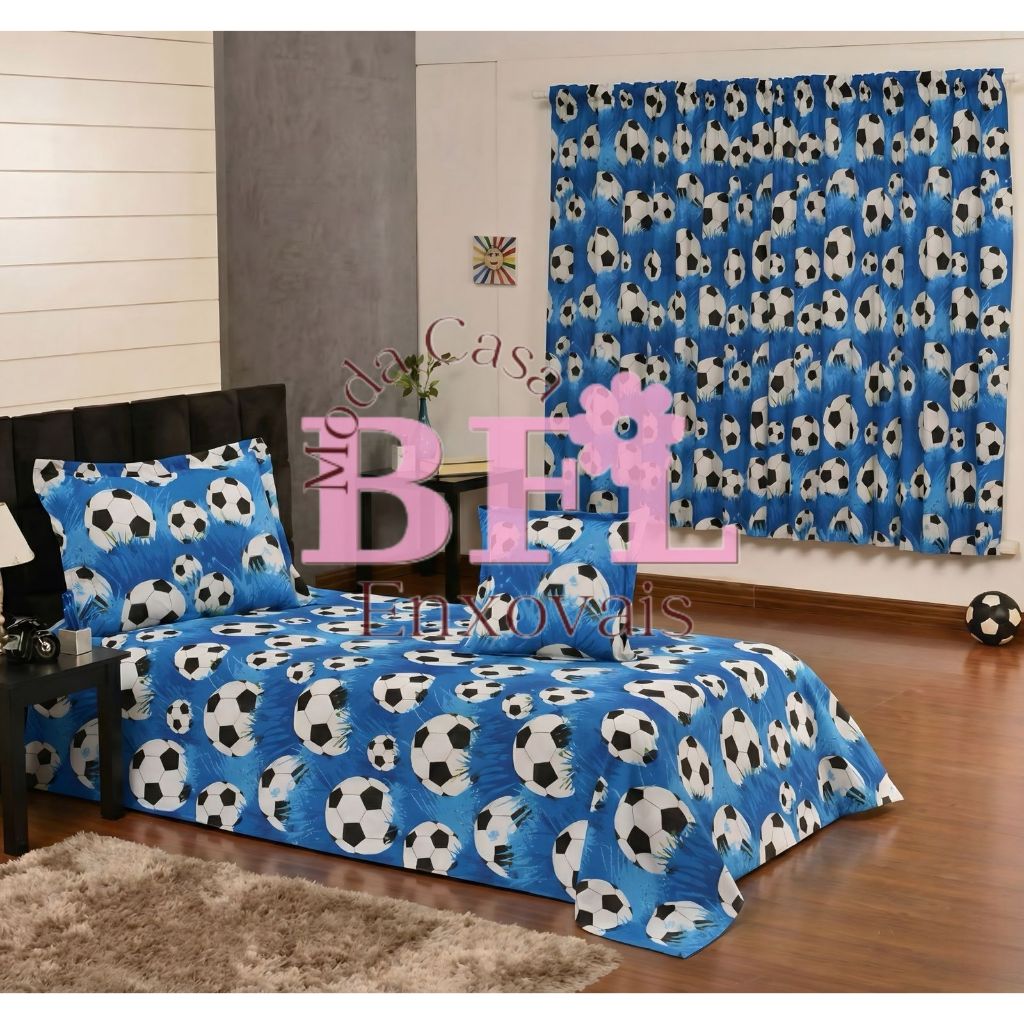 Cobre Leito Solteiro + Porta Travesseiro Estampado - Decoração Quarto Futebol Azul