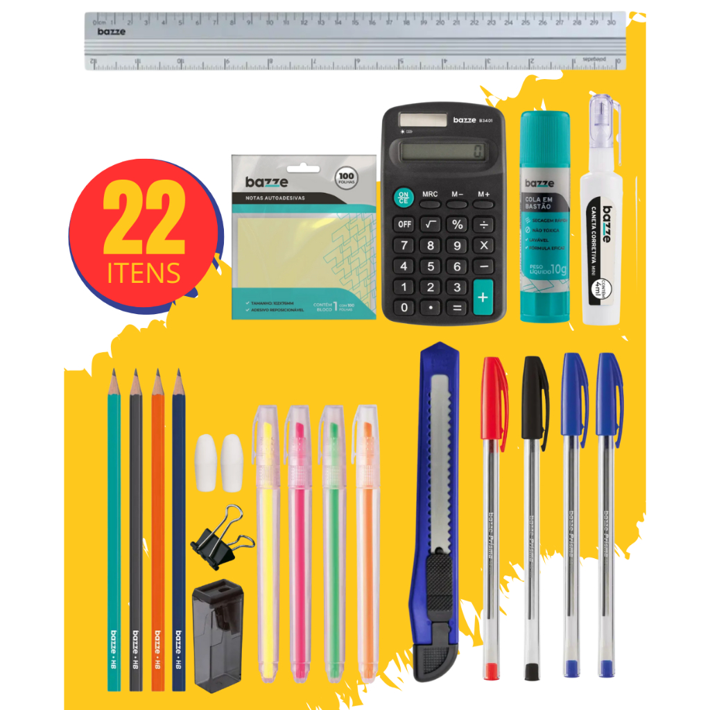 Kit Completo 22 Itens para Estudo e Escritório Bazze Material Escolar, Faculdade e Home Office