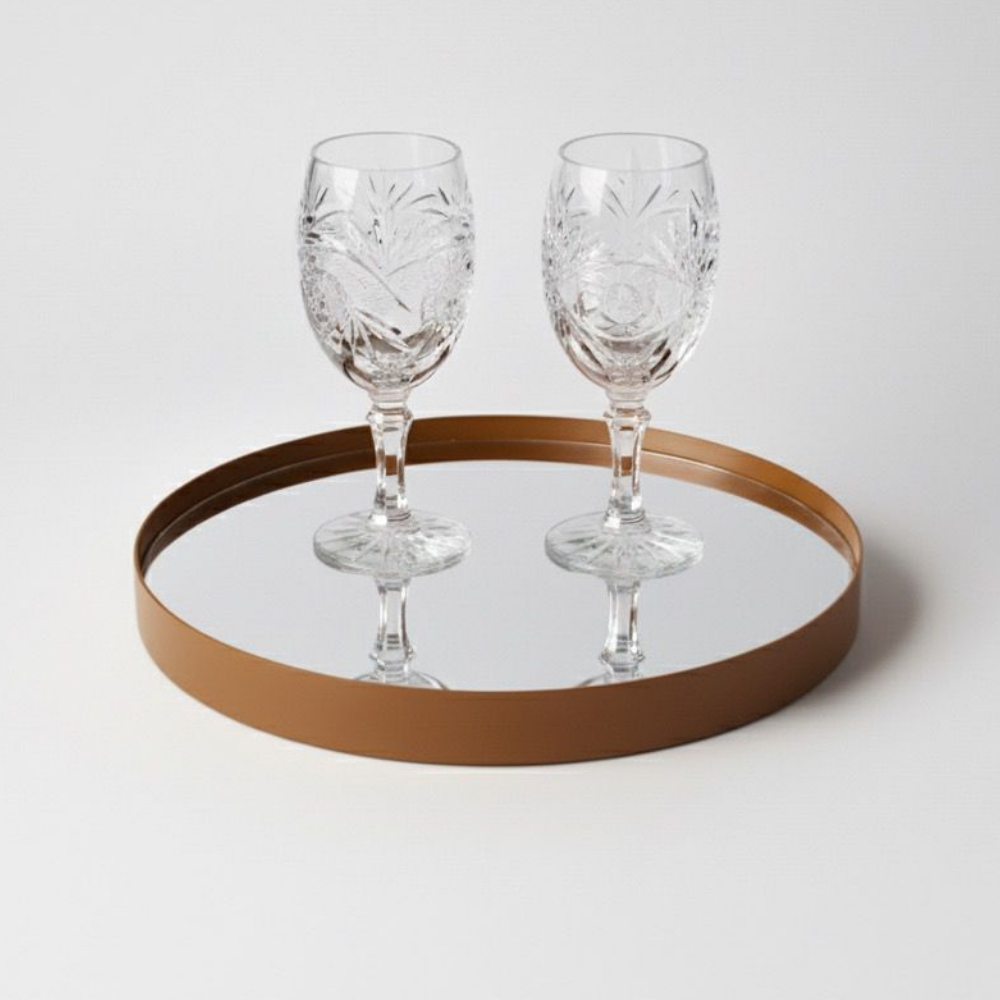 Bandeja Espelhada 30cm Redonda Couro Ecológico Caramelo Estilo Premium — imagem 2 de 2