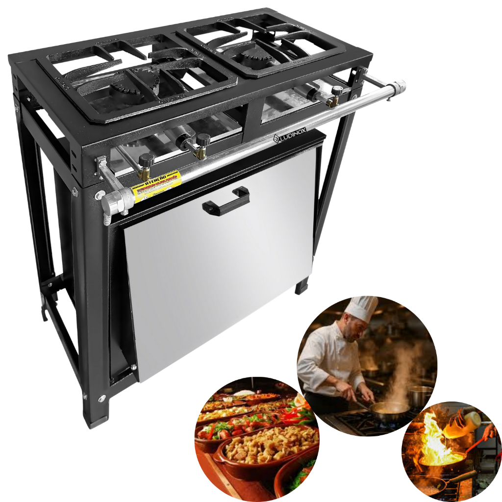 Fogão Industrial 2 Bocas 30x30 Alta Pressão com Forno 60L Inox