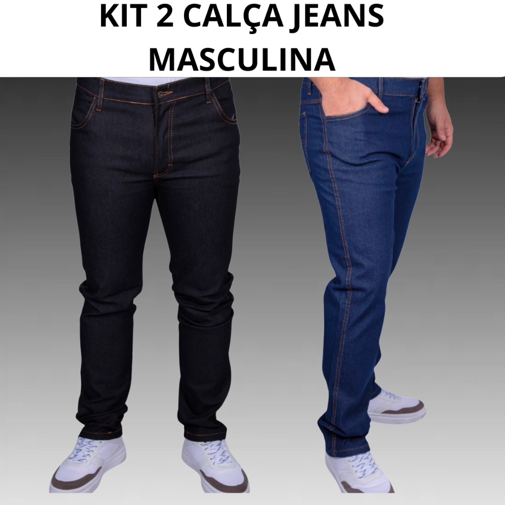 Kit 2 Calça Masculina Jeans com Elastano Plus size para Trabalho Azul Escuro Preto do 36 ao 56 em Oferta na Shopee