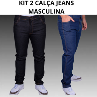 Kit 2 Calça Masculina Jeans com Elastano Plus size para Trabalho Azul Escuro Preto do 36 ao 56 em Oferta na Shopee