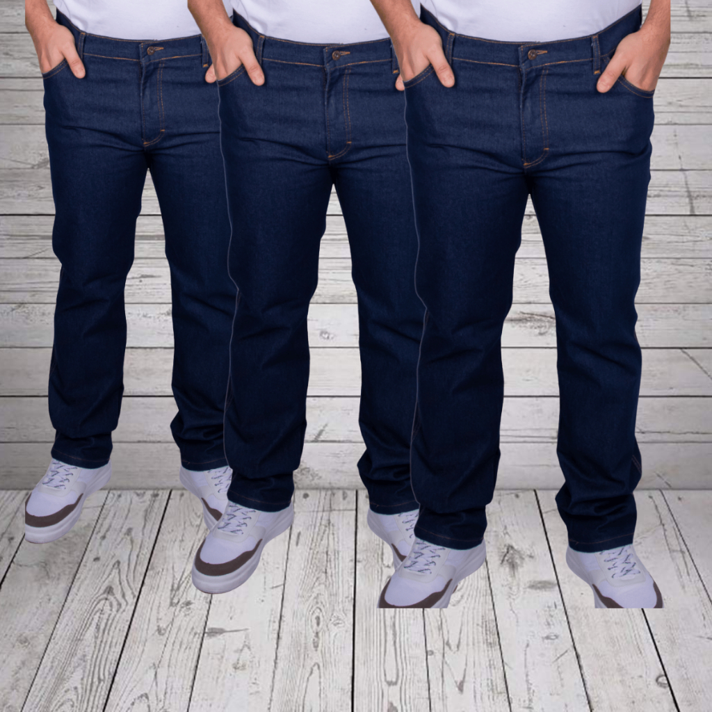 Kit 3 Calça Jeans Masculina Plus Size – Preta e Azul, Tradicional, com Elastano em Oferta na Shopee