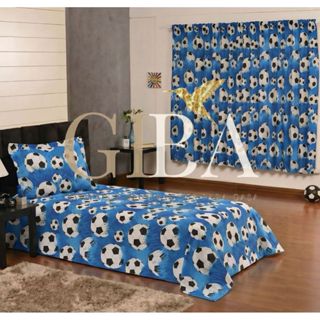 Kit Cobre Leito Solteiro + Cortina Futebol Azul Bola Estampada Jogo de Cama Infantil Menino e Menina Decoração Quarto. em Oferta na Shopee