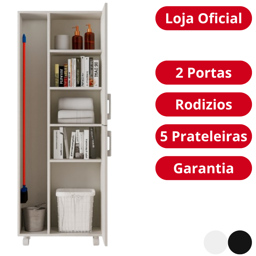 Armário Multiuso Lavanderia 2 Portas com Rodizios Porta Vassouras 5 Prateleiras Organizador em Oferta na Shopee