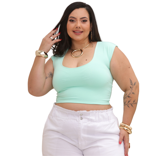 Cropped Feminino Tecido Duplo em Suplex com Decote Plus Size e Slim Esmeralda em Oferta na Shopee