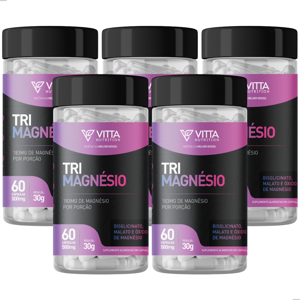 Kit 5 Potes Tri Magnésio Mix De 3 Magnésio TriMagnésio Bisglicinato Malato E Óxido De Magnésio