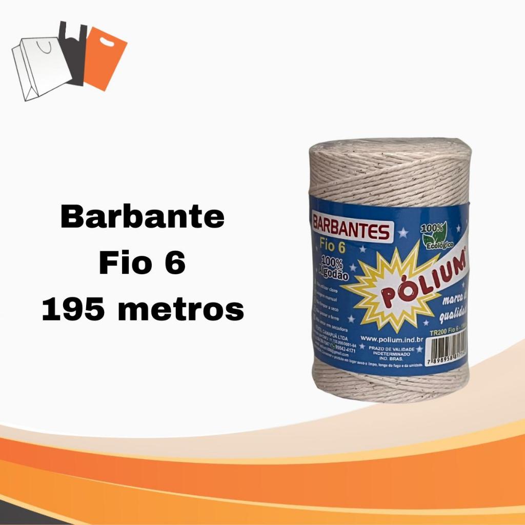 Barbante 6 fios, com 200 gramas, aproximadamente 200 metros.