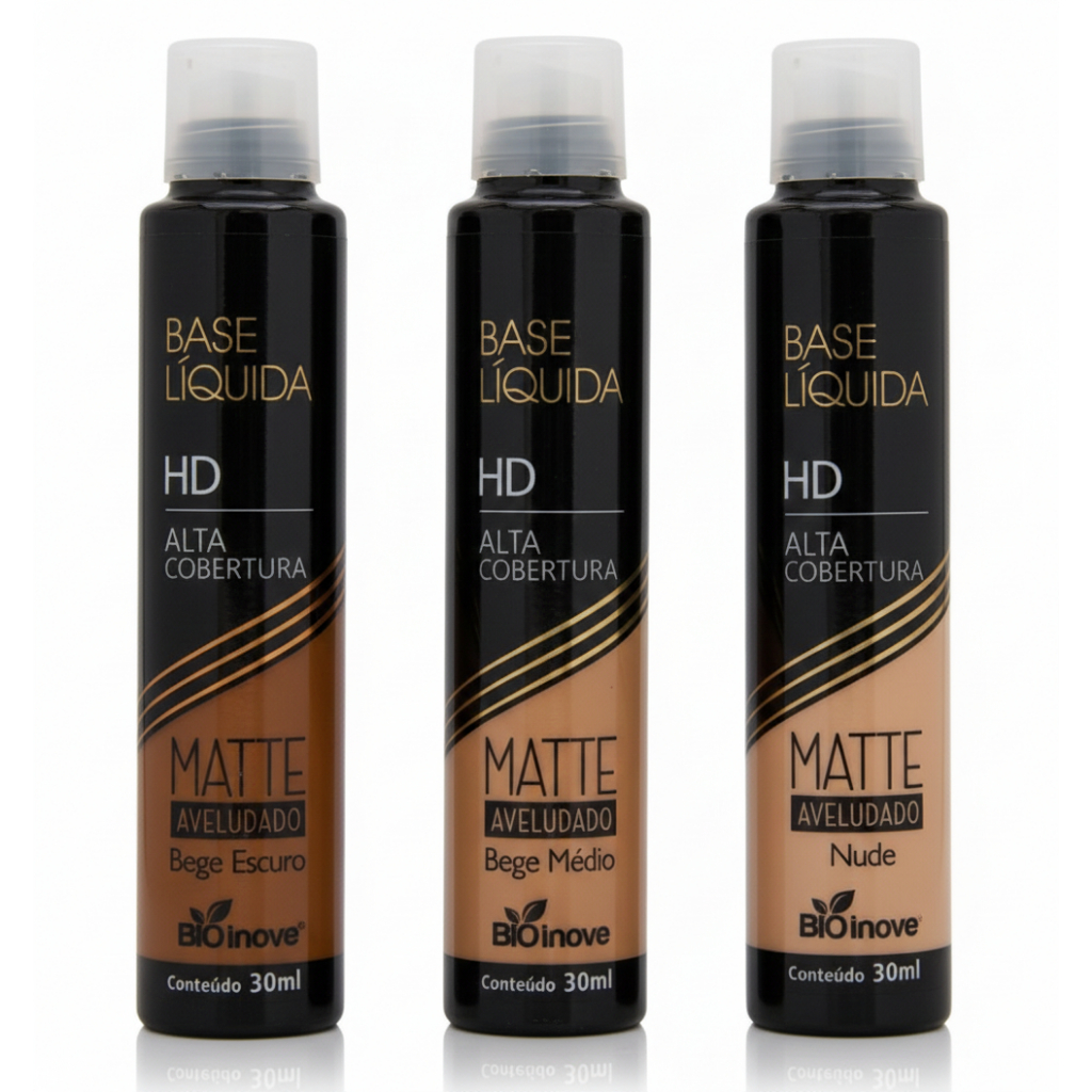BASE LIQUIDA MATTE AVELUDADO HD - ALTA COBERTURA - BIO INOVE - 30ml