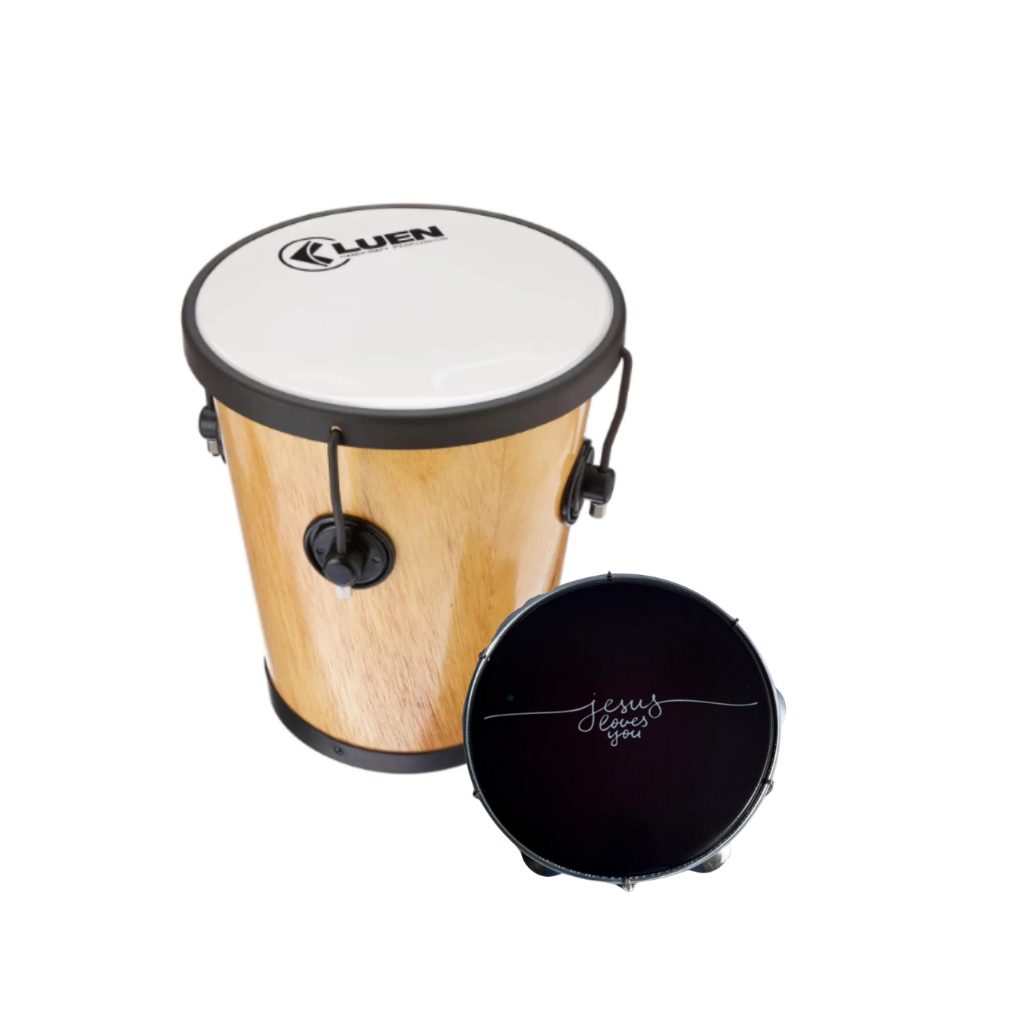 Kit Timba Luen 30x10" Preto Folheado Verniz Pele Leitosa 4 Afinadores 23008 + Pandeiro 10 Polegada