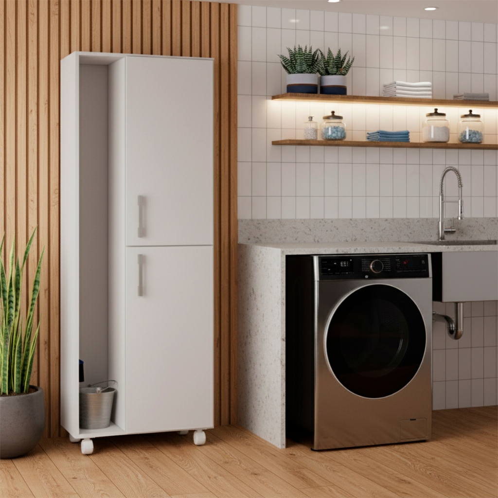 Armário Organizador Multiuso 5 Prateleiras Alto com Rodizios Lavanderia Premium - Móveis Bonatto em Oferta na Shopee