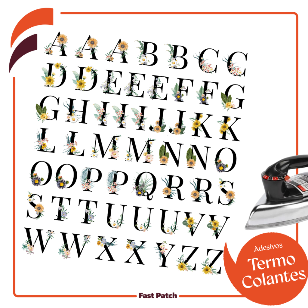 Aplique Monograma Alfabeto Preto Floral Patch Termocolante Para Roupas - 2cm de altura