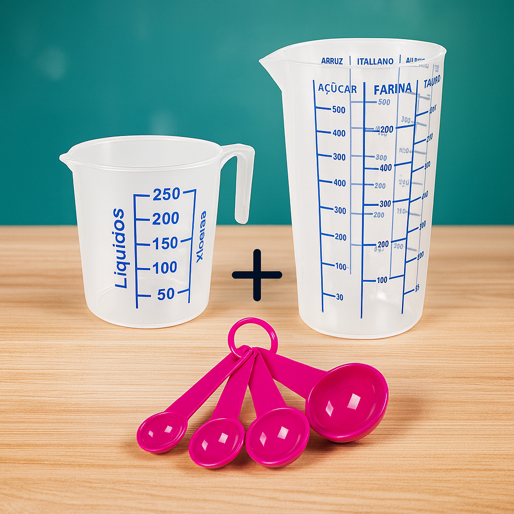 Kit Medidores Culinários 6 Peças | Copo 500ml + Jarra 250ml + 4 Colheres Medidoras | Cozinha e Confeitaria