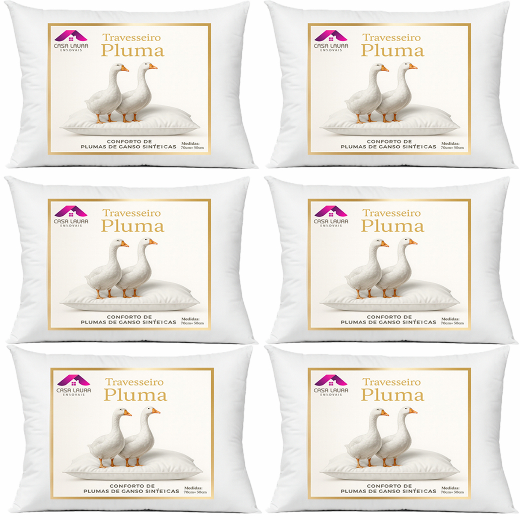 Kit 6 Travesseiro Pluma de Ganso Descanso Antiacaro 70x50cm Luxo Sintético