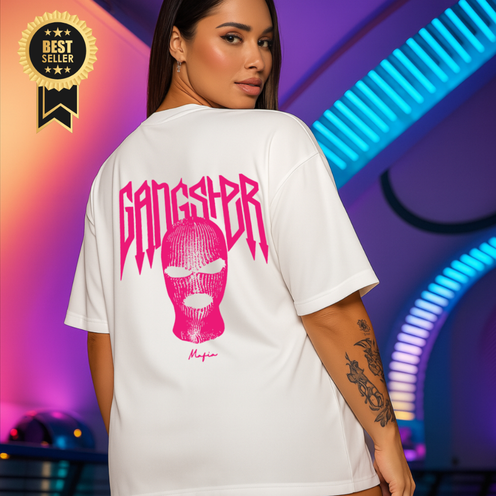 Camiseta Oversized Feminina Streetwear Pink Gangster Algodão em Oferta na Shopee
