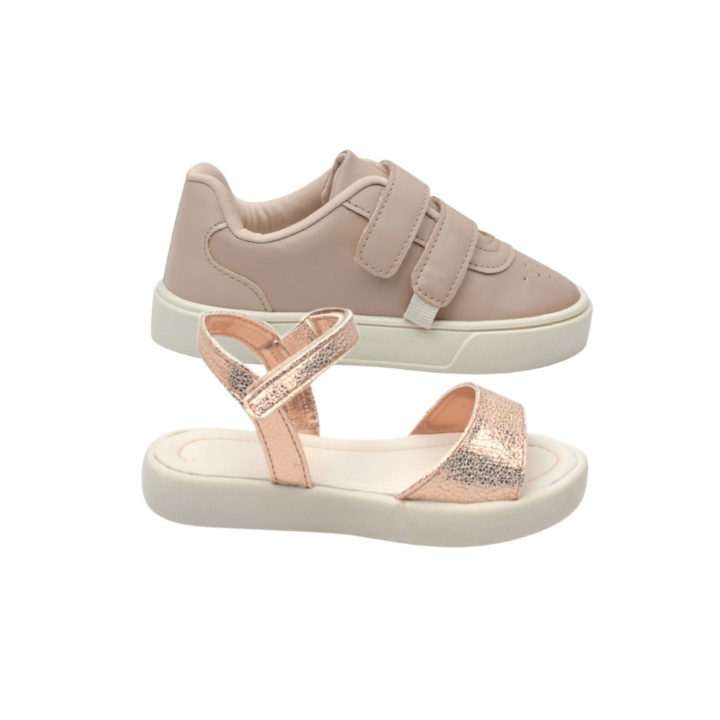 Kit Calçados Infantil Feminino Tênis com Velcro e Sandália Dourada