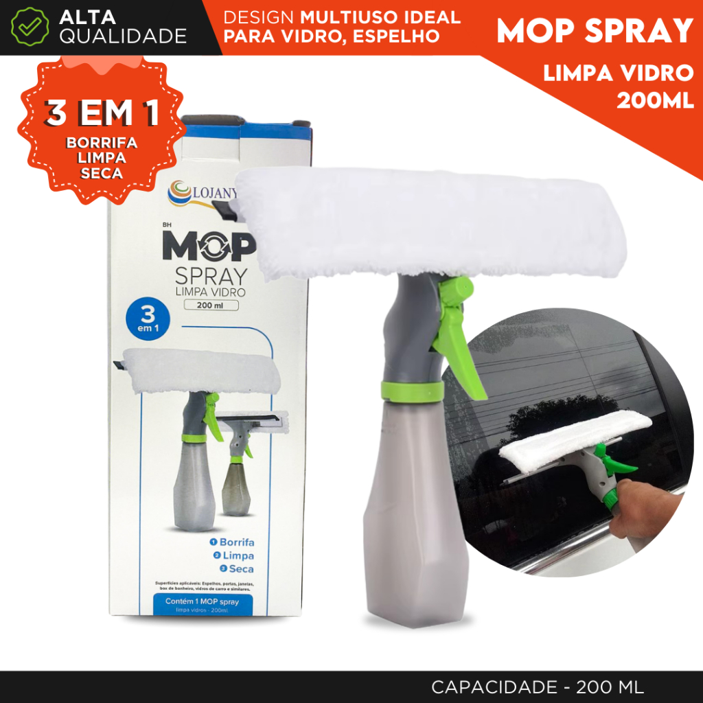 Rodo Mop Spray Limpa Vidro 3 em 1 200ml Borrifa Limpa e Seca Limpador de Vidros com Reservatório -AE