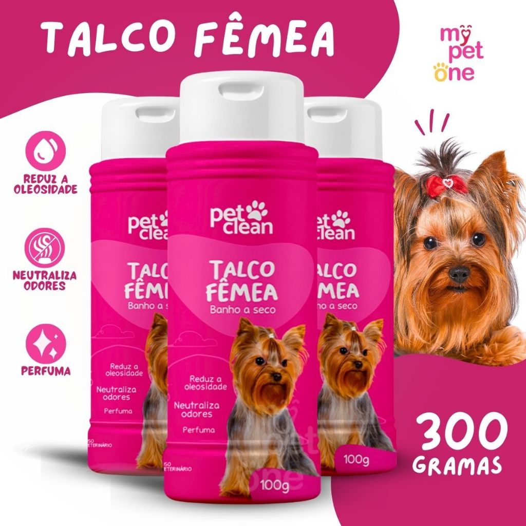 Kit 3 Talco Banho a Seco P/ Cães e Gatos Pet Clean 100g - Fêmea