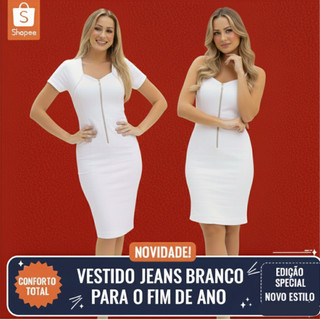 Vestido jeans cor branca moda feminina, vestido branco para fim de ano para réveillon ano novo