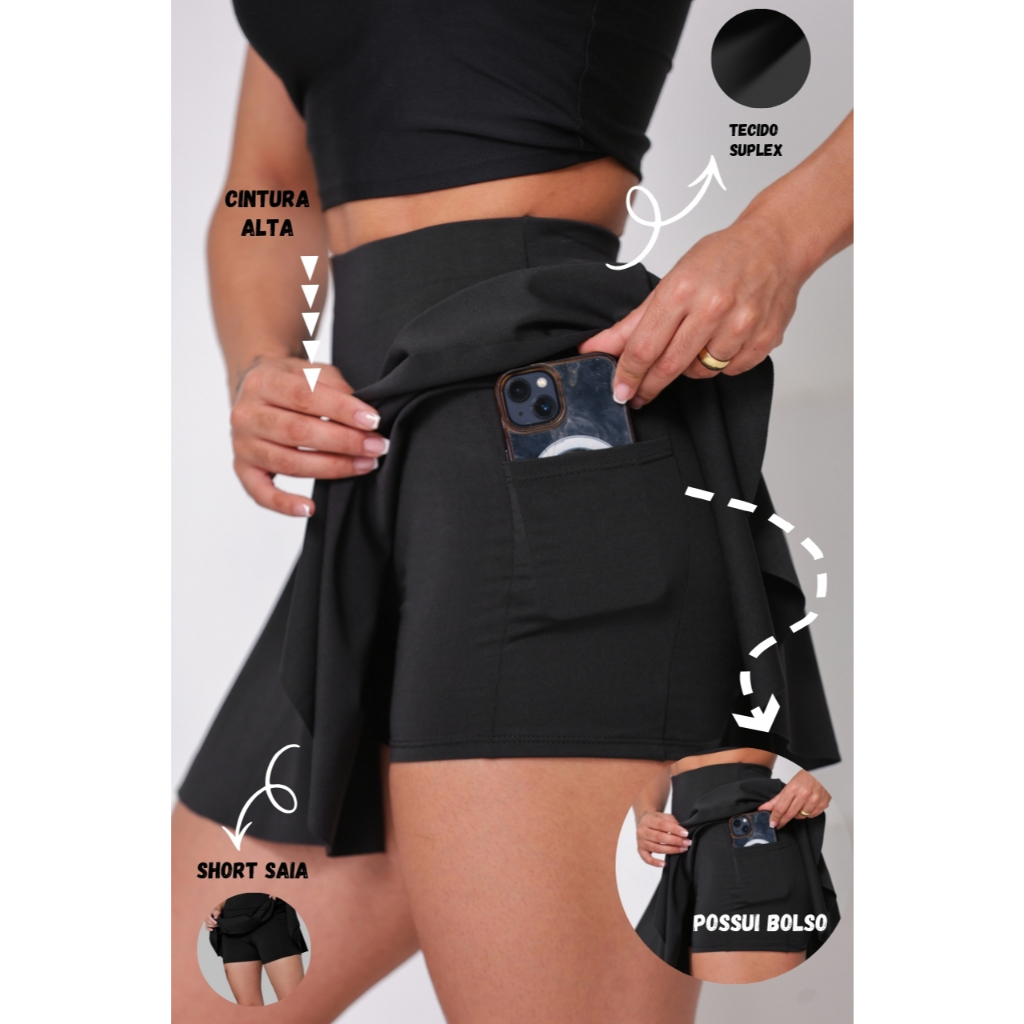 Short Saia Babado Com Bolso Cintura Alta Suplex Fitness WOLFOX em Oferta na Shopee