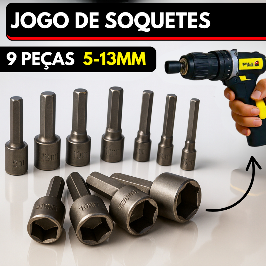 Kit 9 Peças de Bits Soquete Sextavado Canhão Chave Profissional Aço Bits Para Furadeira E Parafusadeira 5 a 13mm