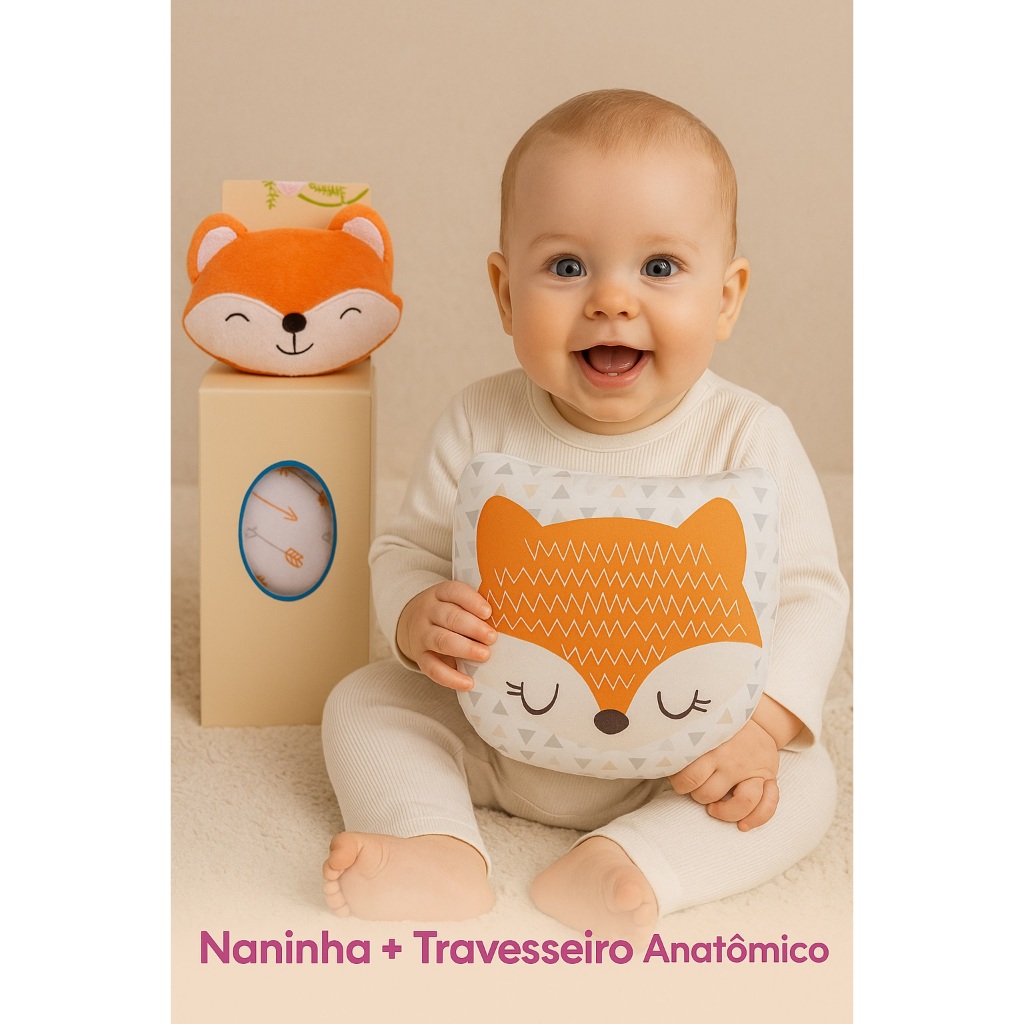 Kit Naninha + Travesseiro Anatômico para Bebê Naninha Pelúcia Apoio de Cabeça Enxoval Roupa de bebe