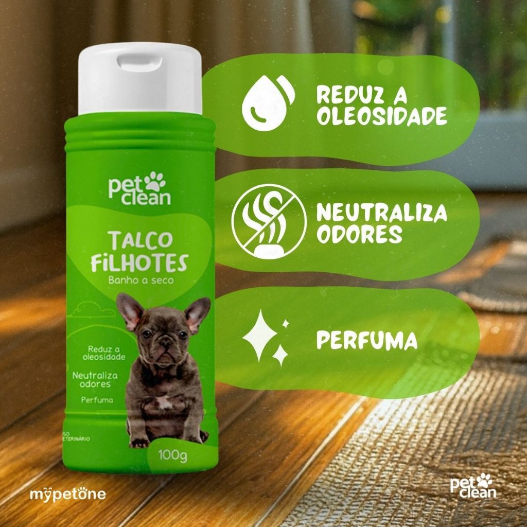 Kit 3 Talco Banho a Seco P/ Cães e Gatos Pet Clean 100g - Filhote