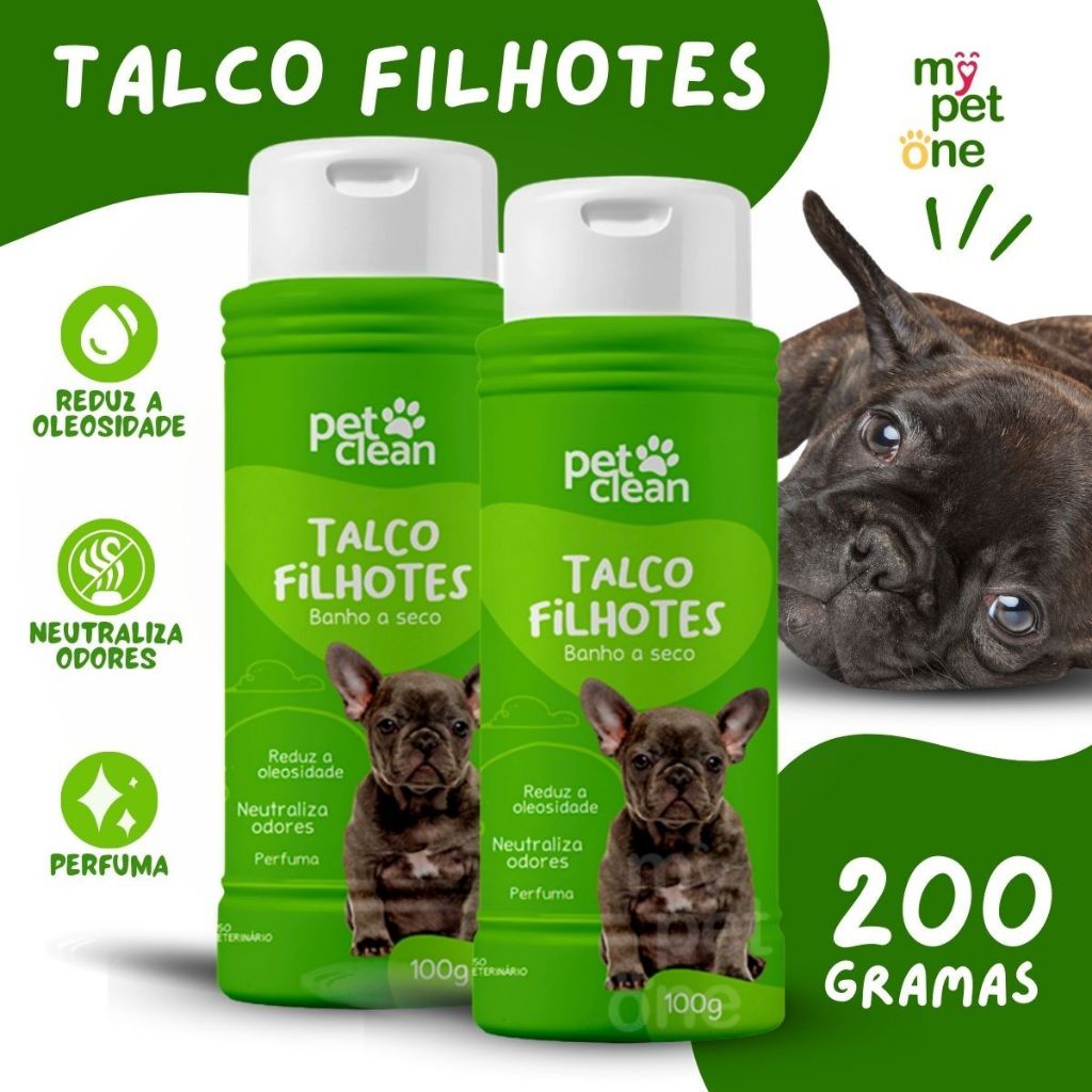 Kit 2 Talco Banho a Seco P/ Cães e Gatos Pet Clean 100g - Filhote
