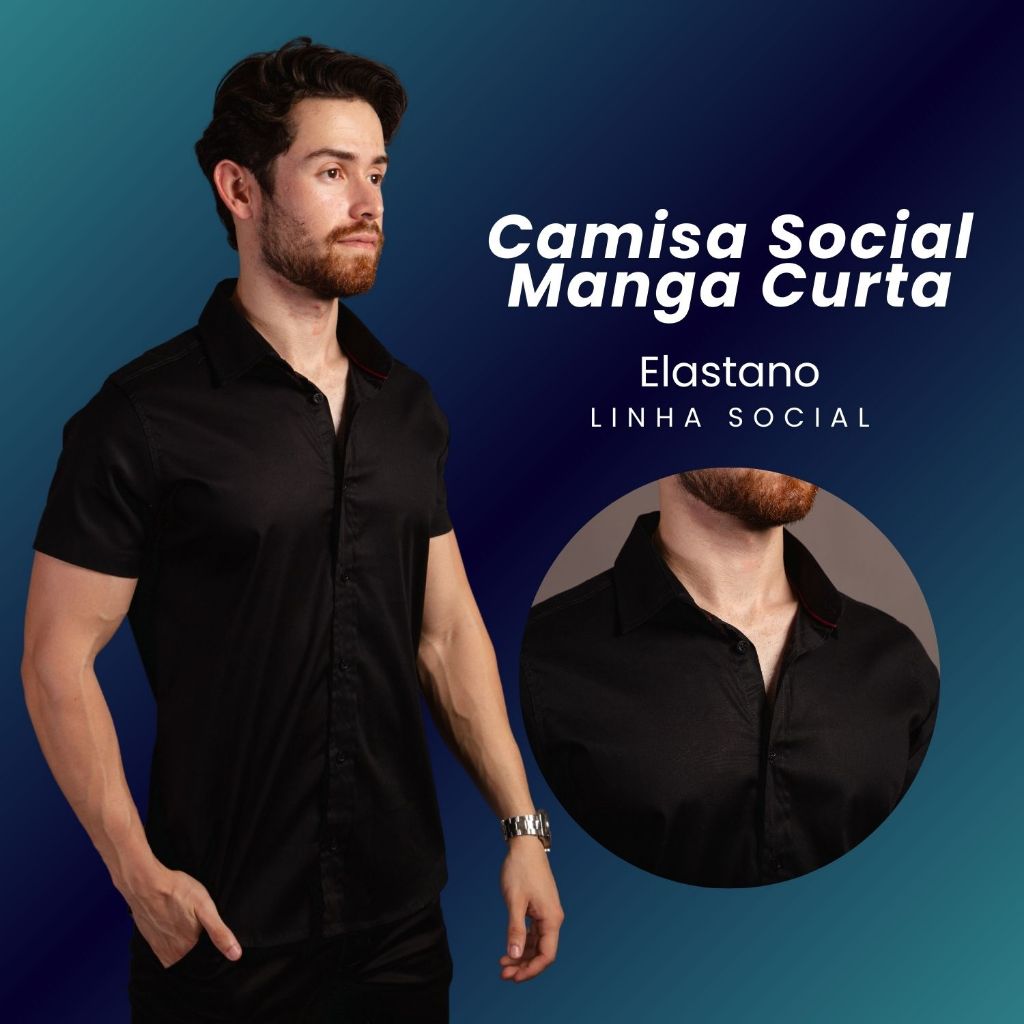Camisa Social Slim Fit Masculina Manga Curta Premium Camisa Social Masculina de Algodão e Elastano