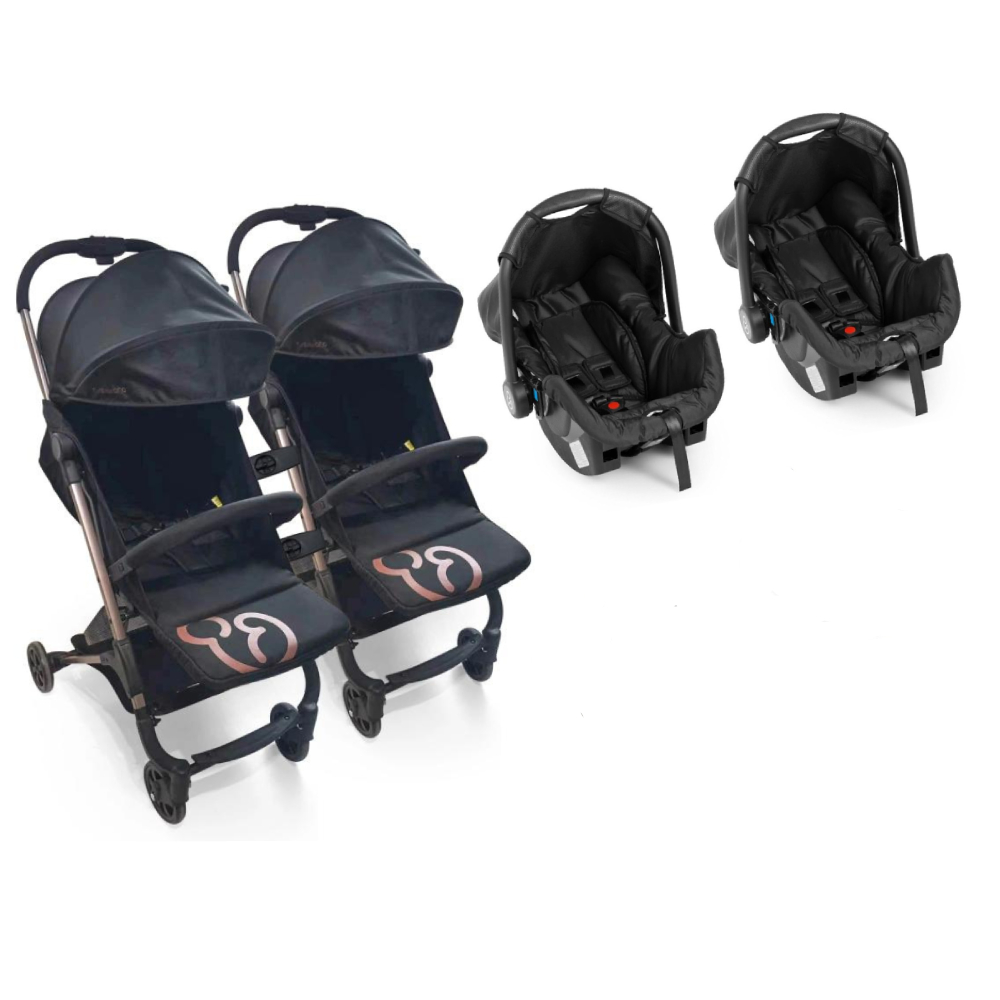 Kit Duplo Gêmeos: 2 Carrinhos Duolee Duo All Black + 2 Bebês Conforto Grid Preto - Galzerano