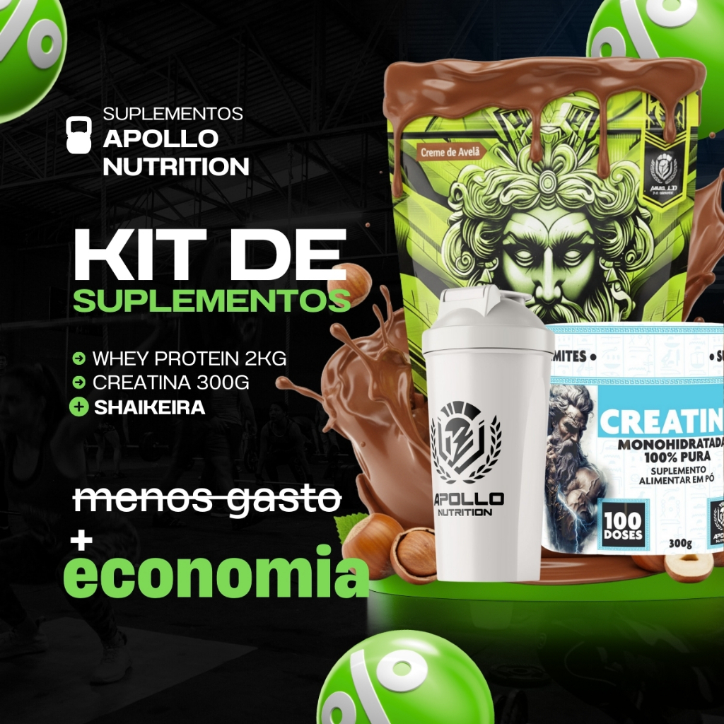 Kit Whey Protein 2KG 3W + Creatina 300g Pura Monohidratada + Shakeira Apollo Suplemento Academia