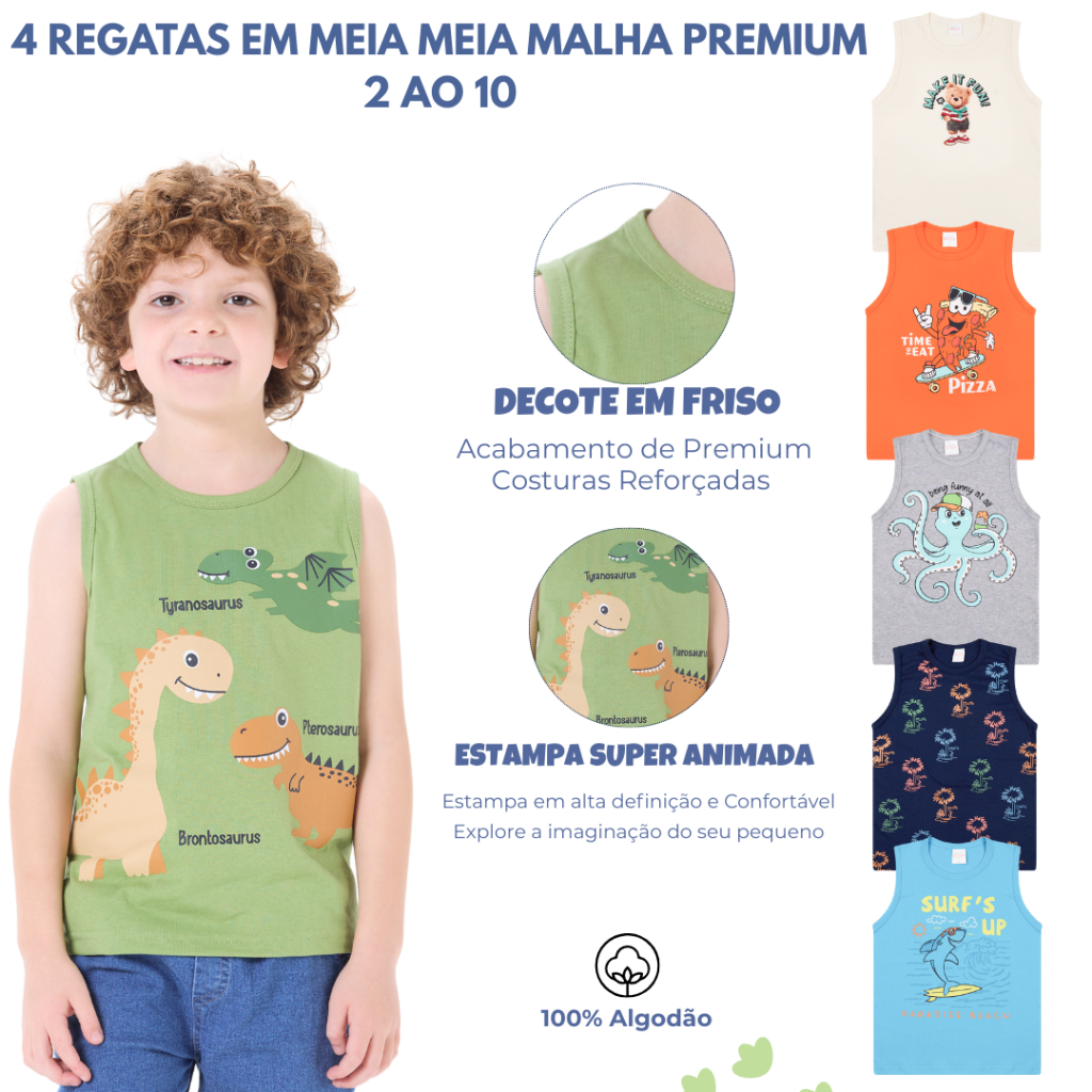 Kit 4 Regatas Infantil Menino em Meia Malha Estampada 100% algodão -Verão 2 ao 10 anos em Oferta na Shopee