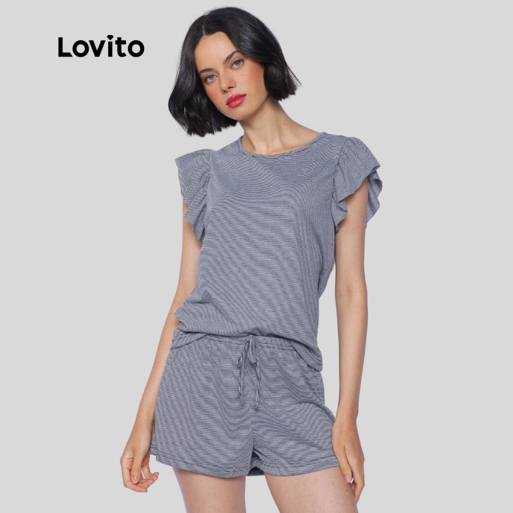 Lovito Pijama Feminino Camiseta com Detalhe Manga Babados e Shorts Estampa Listrado  LB1418BRL1448