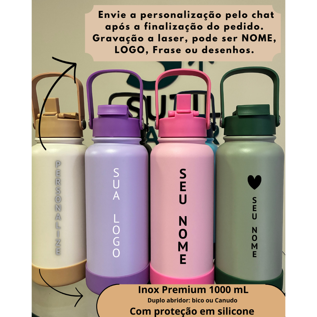 Garrafa térmica personalizada, canudo e bico, 1000mL  inox de alta qualidade, dupla camada 1888/1859 em Oferta na Shopee