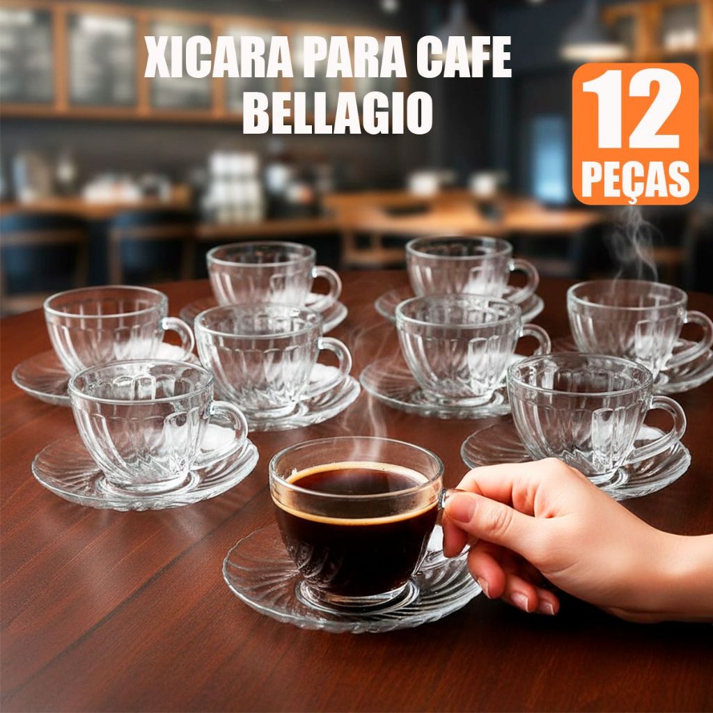 Kit Jogo 12 peças sendo - 6 Xícaras 210ml + 6 Pires Bellagio Vidro Resistente Cafe e Cha - Wincy