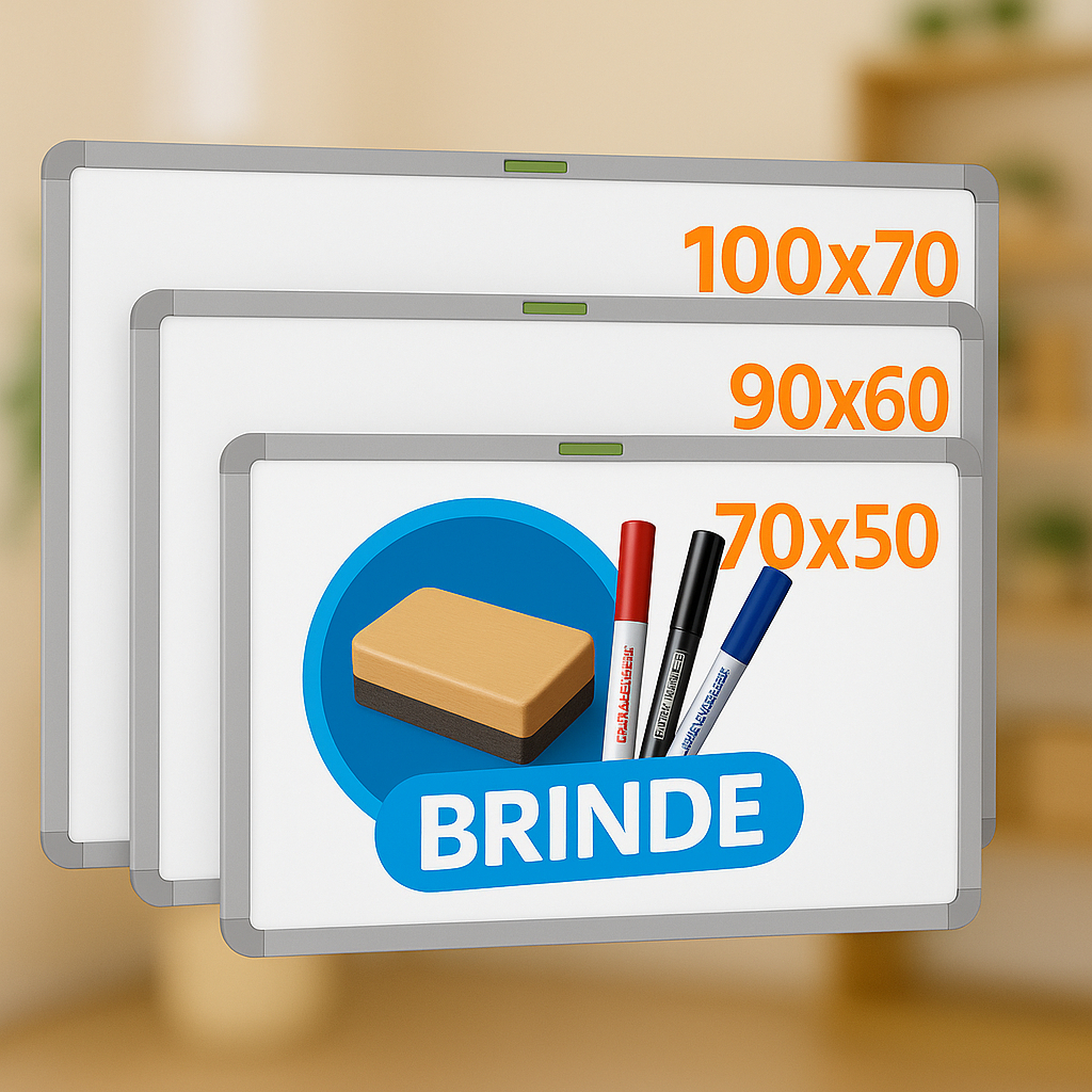 Lousa Quadro Escolar Branco + Apagador e 3 Macadores Moldura MDF Aluminizado