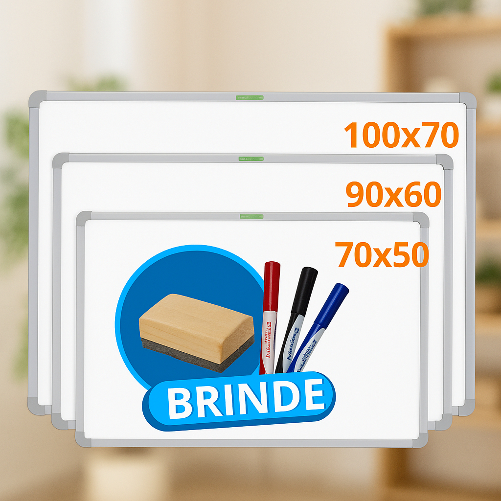 Lousa Quadro Escolar Branco + Apagador e 3 Marcadores Moldura MDF Aluminizado