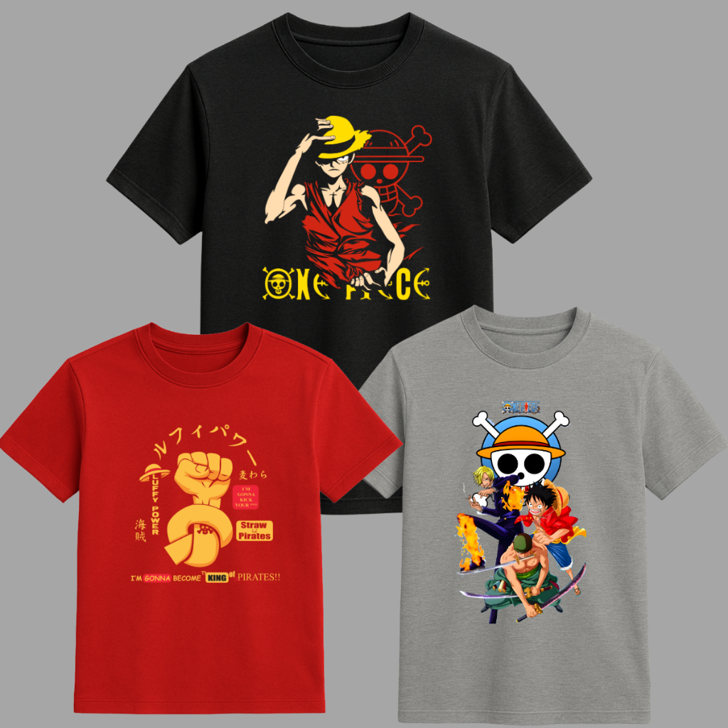 Kit com 3 Camisetas Infantil e Adulto One Piece 100% Algodão Luffy Geek Anime em Oferta na Shopee