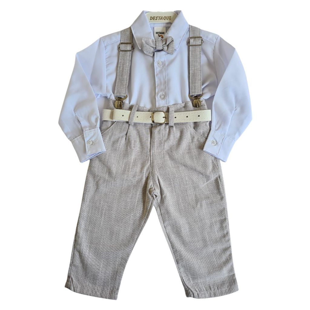 Conjunto Social Bebê Menino Camisa Branca + Calça com Suspensório Cinto Gravata Borboleta Batizado