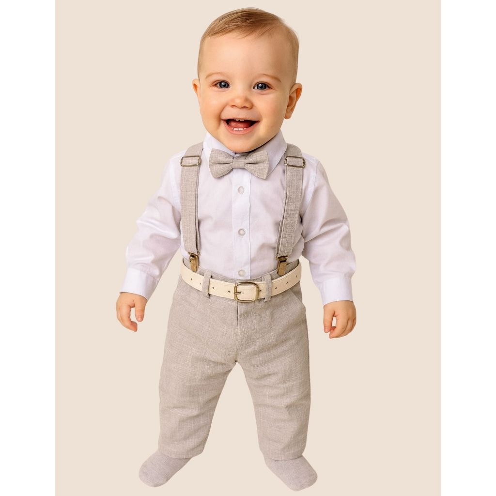 Conjunto Social Bebê Menino Camisa Branca + Calça com Suspensório Cinto Gravata Borboleta Batizado em Oferta na Shopee