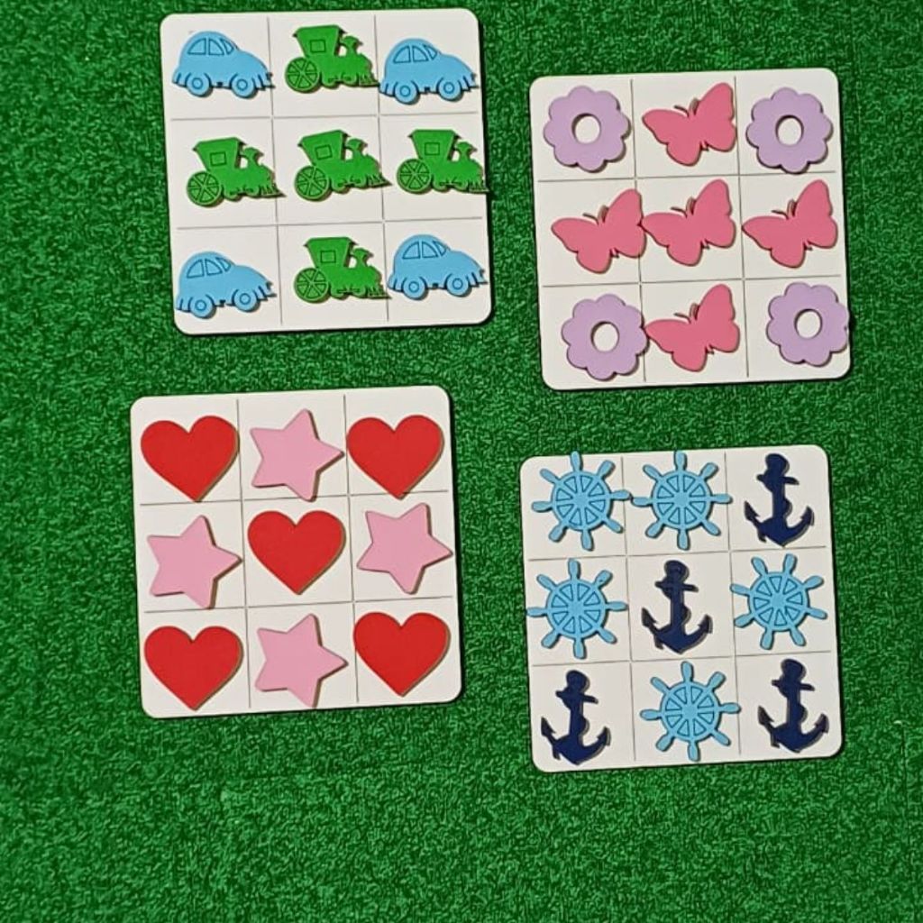 Kit 10 Jogo da Velha Temático Carro Coração Âncora Borboleta Criança Brinquedo Infantil MDF Branco
